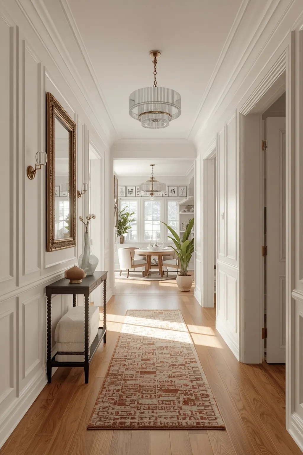 Bright and stylish upstairs hallway featuring elegant lighting, gallery wall artwork, runner rug, decorative paneling, and cozy modern home design