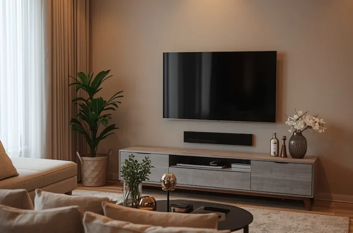 Cozy small TV room with comfortable seating, stylish decor, warm lighting, and a modern entertainment setup