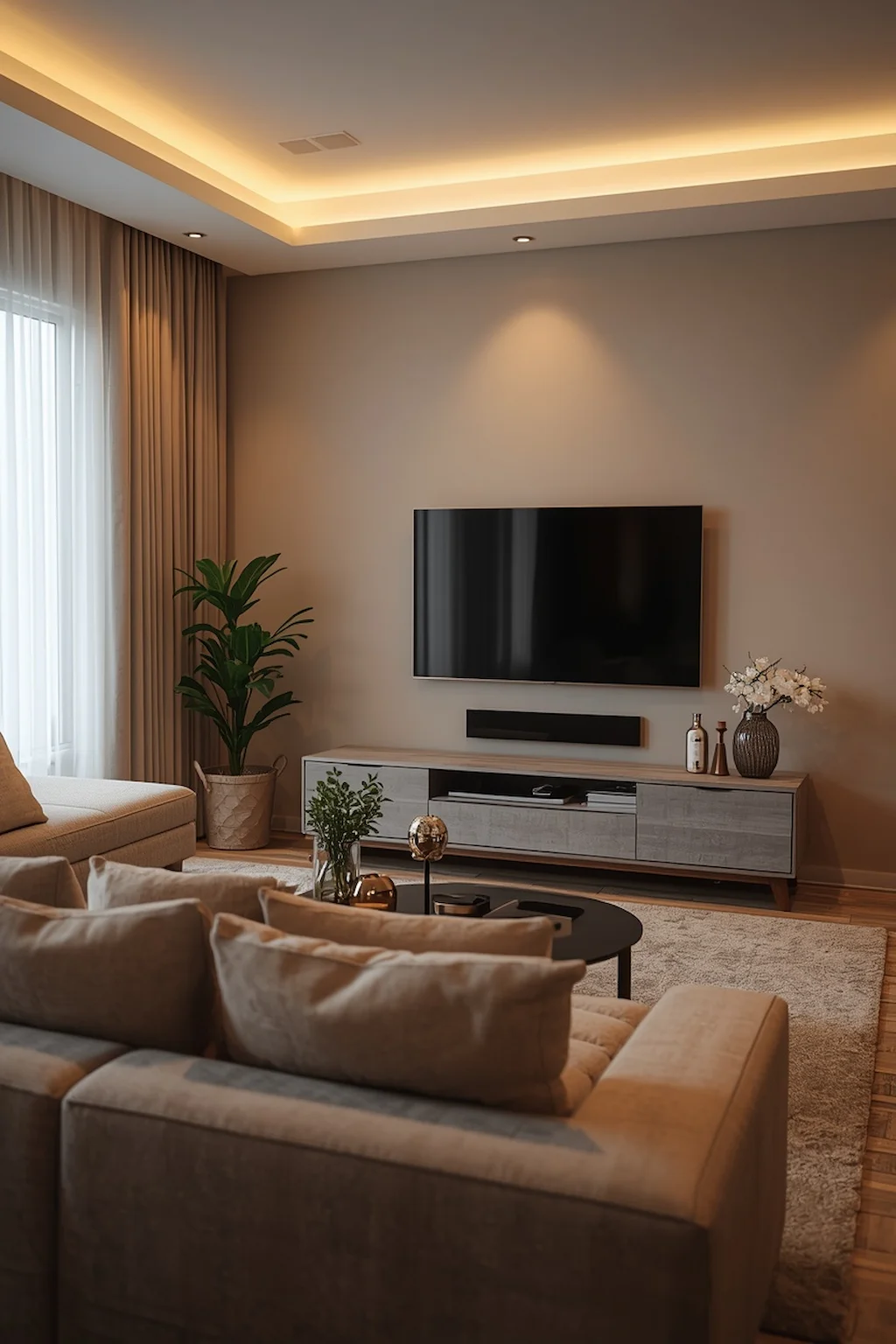 Cozy small TV room with comfortable seating, stylish decor, warm lighting, and a modern entertainment setup