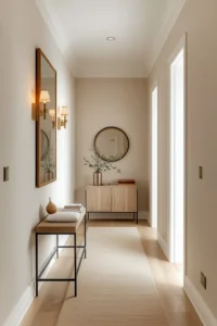 Bright narrow hallway with mirrors, light walls, and smart storage creating a spacious and welcoming interior