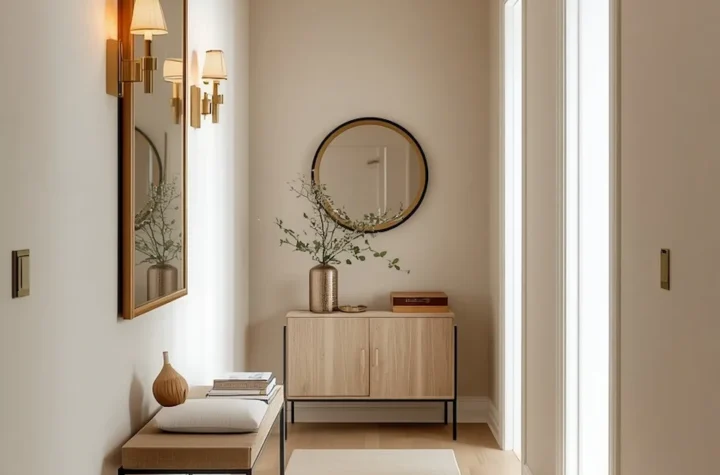 Bright narrow hallway with mirrors, light walls, and smart storage creating a spacious and welcoming interior
