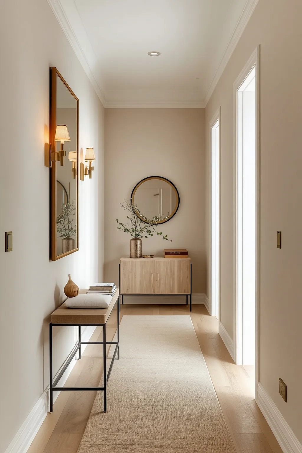 Bright narrow hallway with mirrors, light walls, and smart storage creating a spacious and welcoming interior