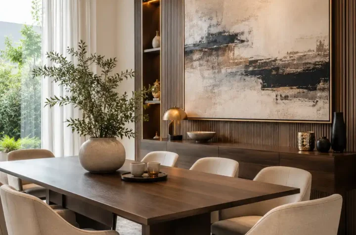Beautiful modern dining area featuring statement wall decor, artwork, wood accents, elegant lighting, and stylish furniture