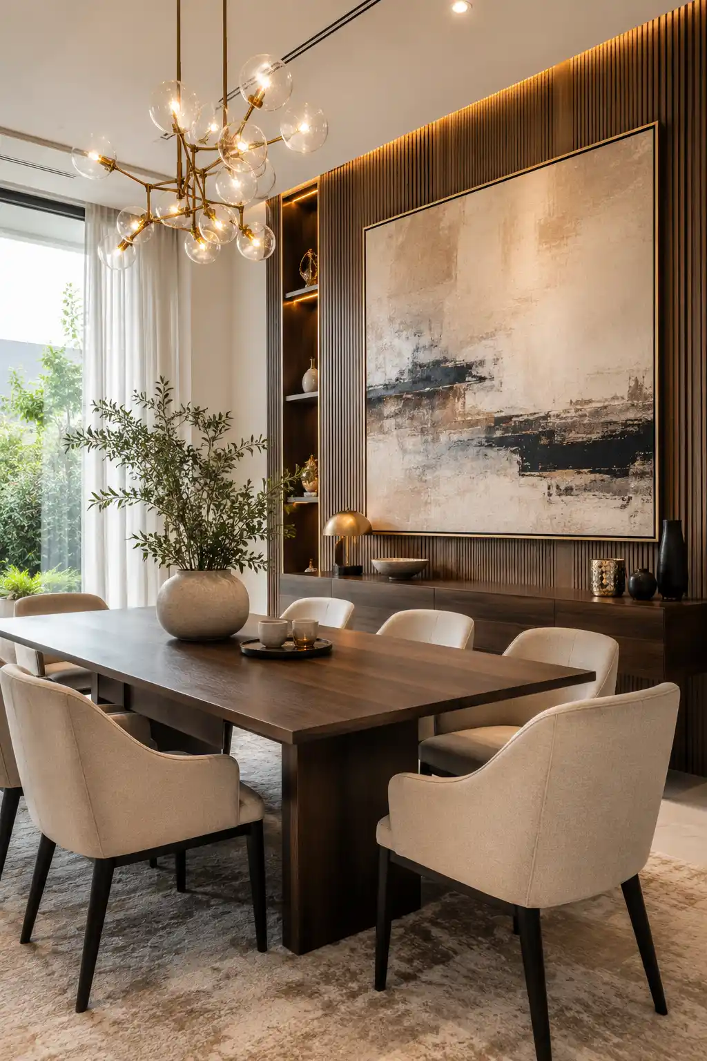 Beautiful modern dining area featuring statement wall decor, artwork, wood accents, elegant lighting, and stylish furniture