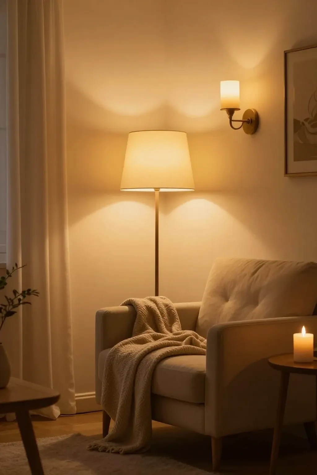 Cozy room illuminated with warm lamps, candles, and soft lighting