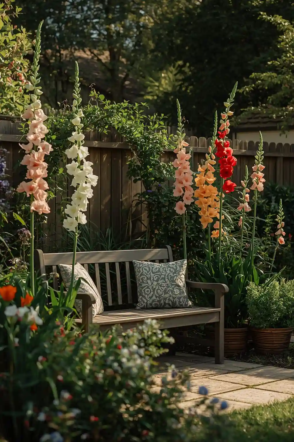 Outdoor seating area surrounded by blooming gladiolus flowers