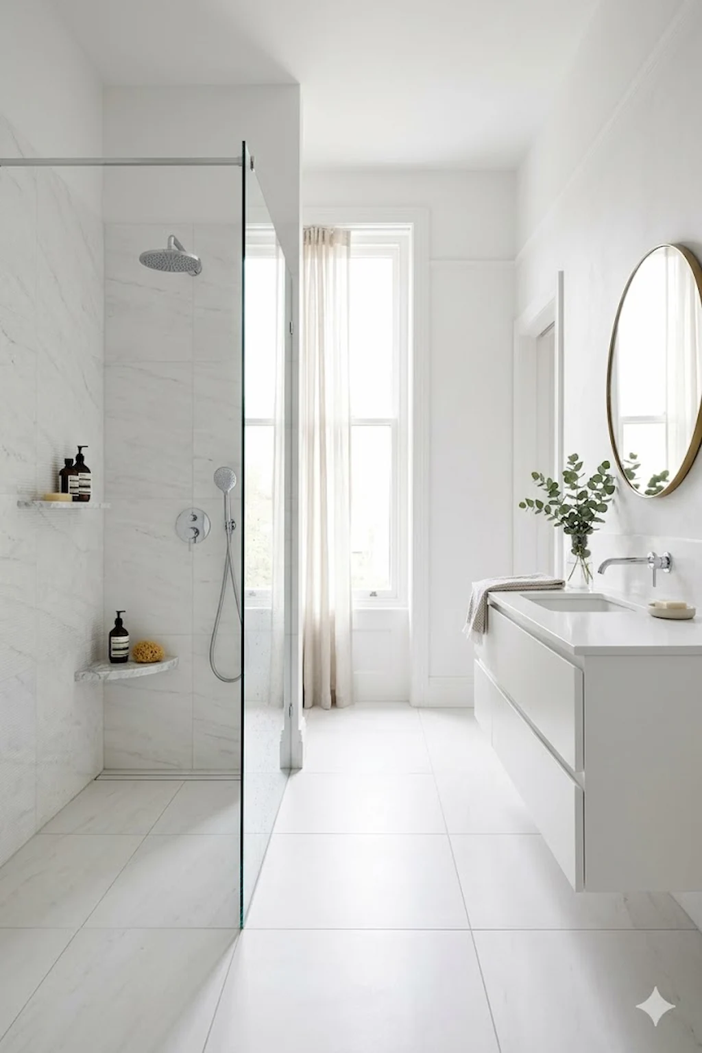 Minimalist white bathroom with seamless curbless shower design