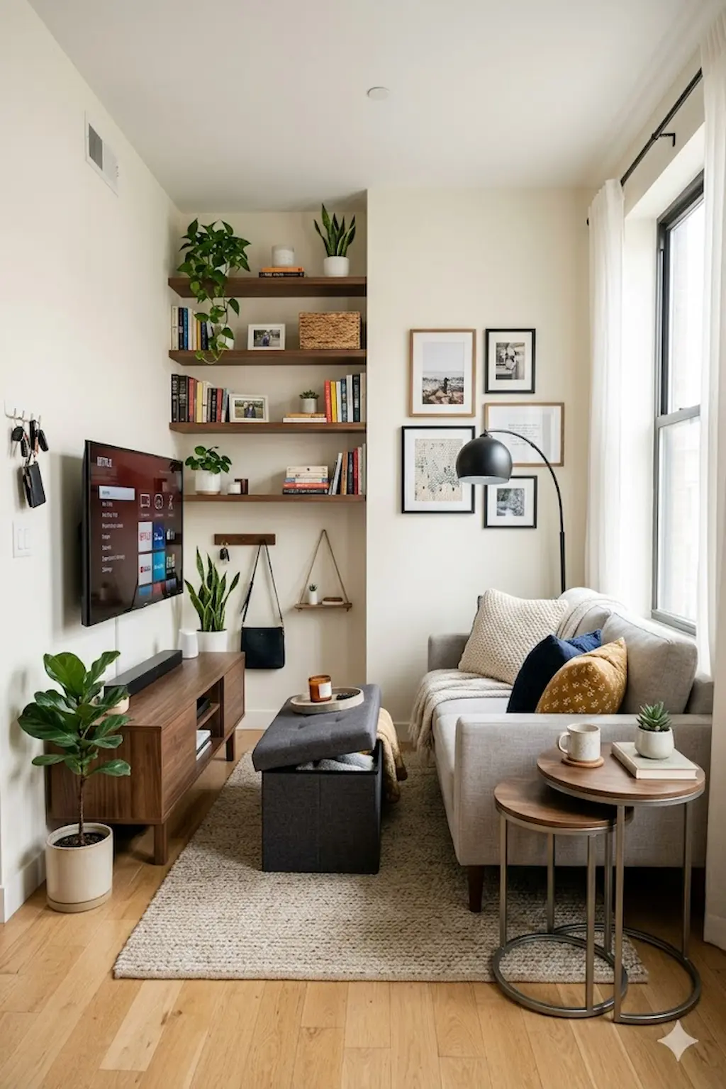 Compact apartment TV room with multifunctional furniture and smart storage