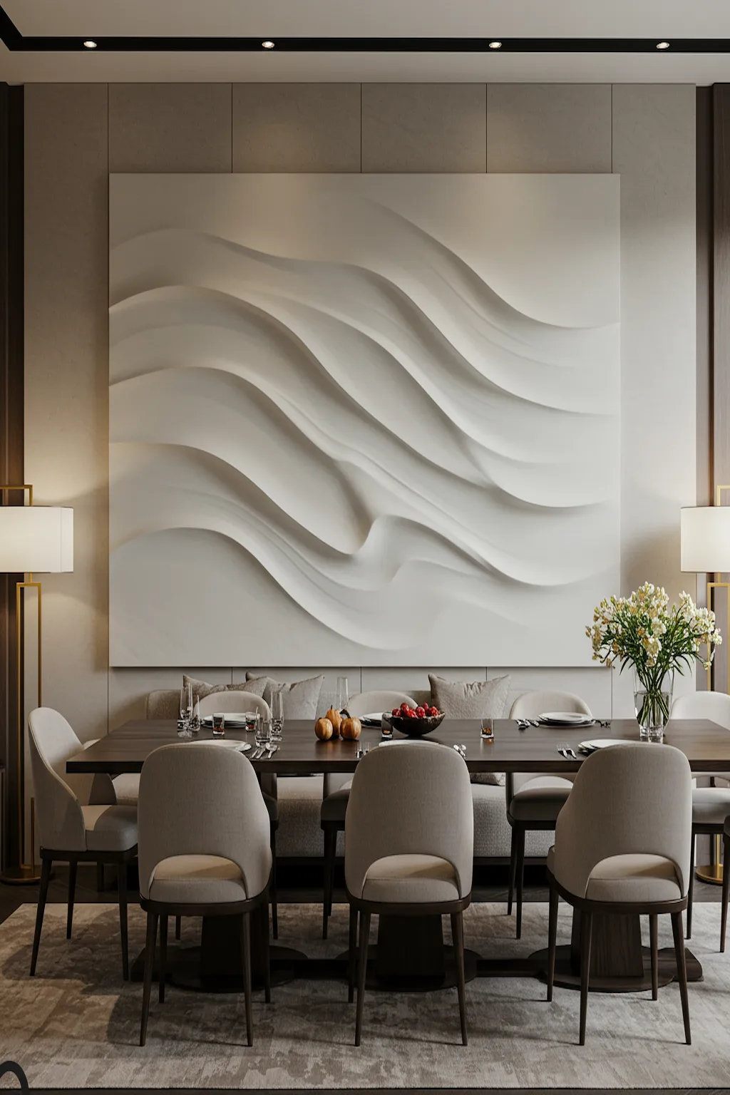 Abstract sculptural wall art creating visual interest in a minimalist dining room