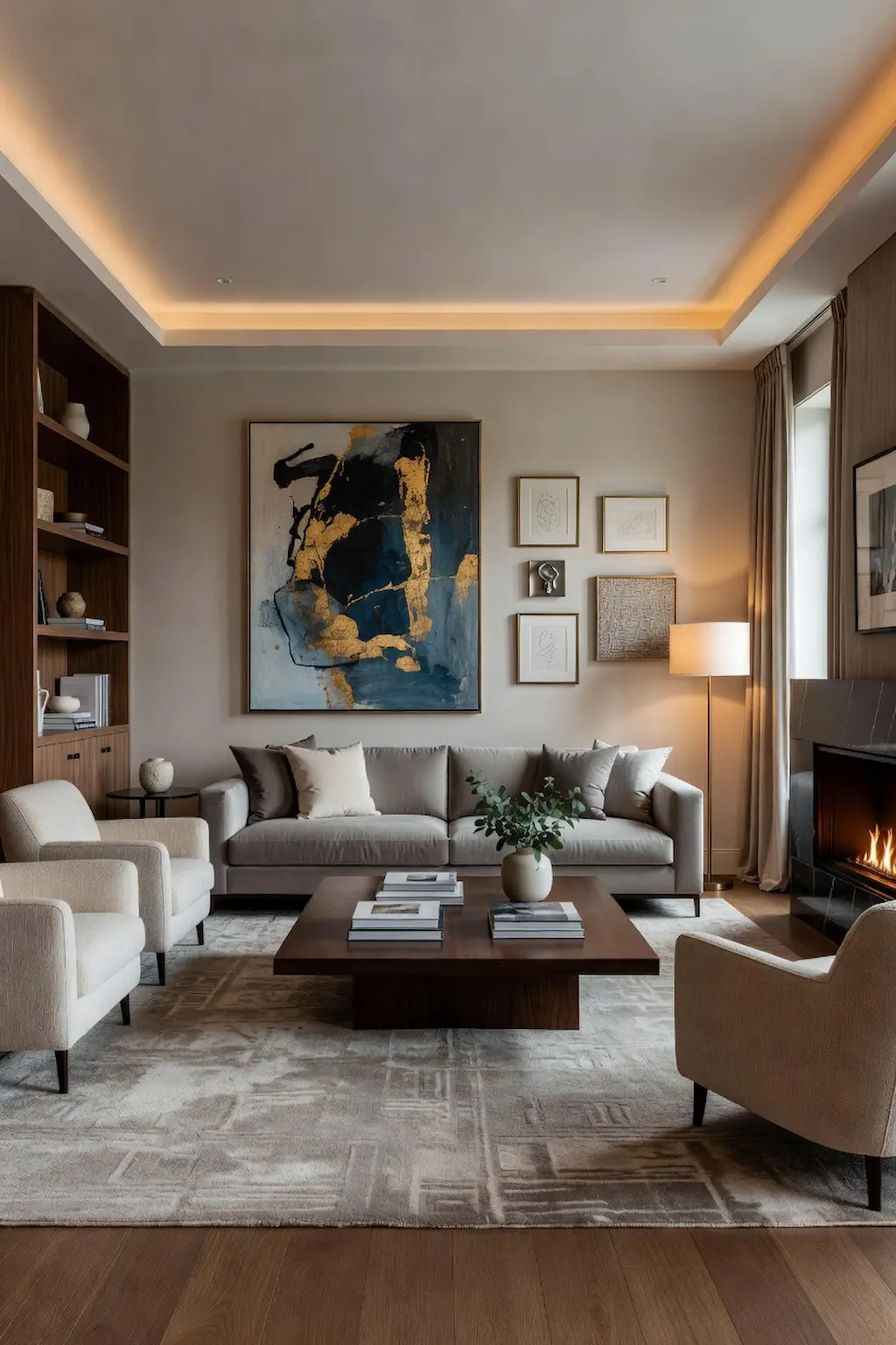 Stylish living room with artwork hung correctly above a sofa