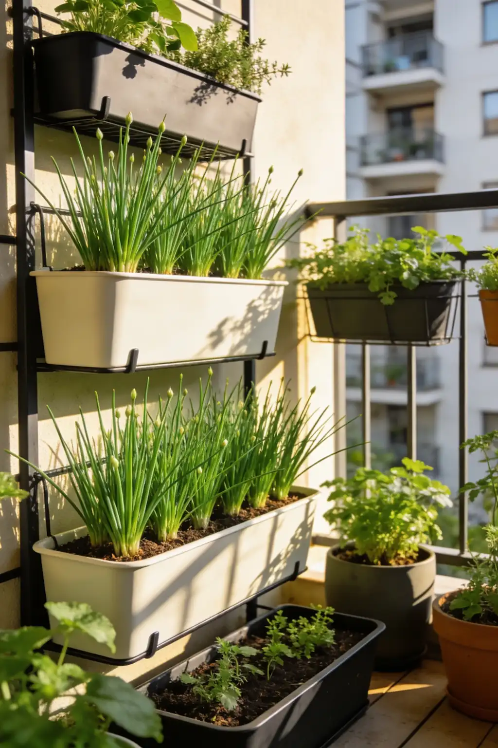 Fresh chives growing in containers on a small apartment balcony