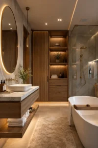 Modern bathroom featuring beautiful cabinet designs, smart storage solutions, floating vanity, and elegant organization ideas