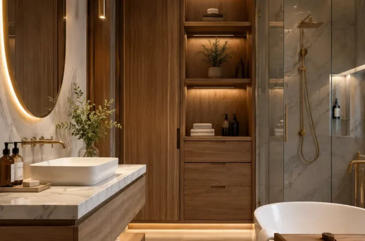 Modern bathroom featuring beautiful cabinet designs, smart storage solutions, floating vanity, and elegant organization ideas