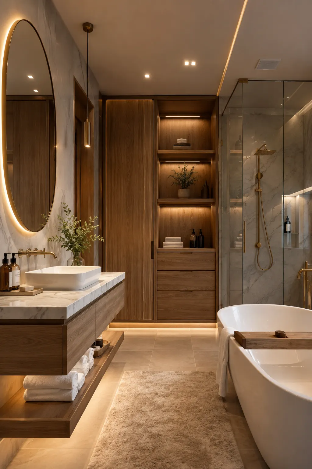 Modern bathroom featuring beautiful cabinet designs, smart storage solutions, floating vanity, and elegant organization ideas