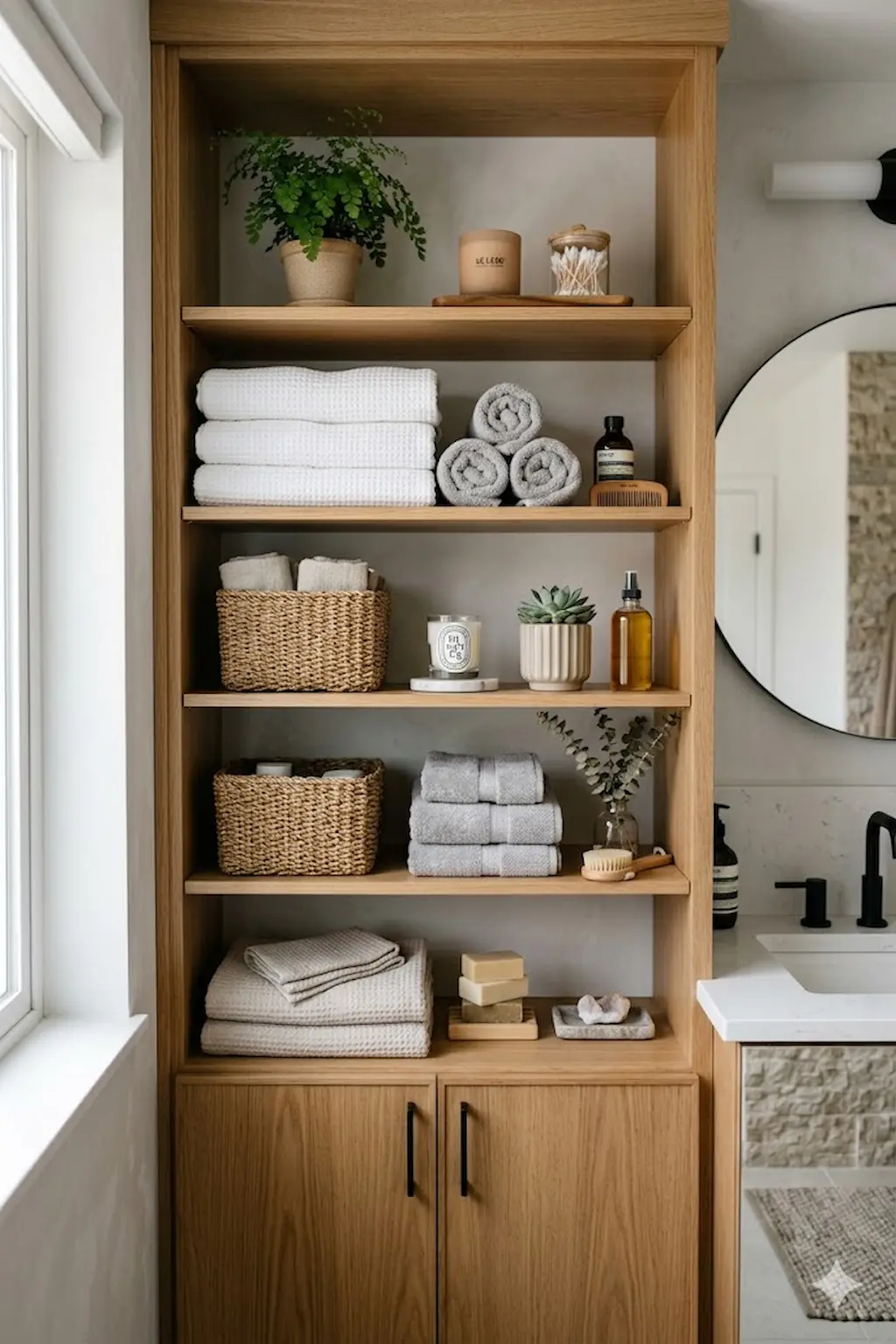 Stylish bathroom featuring storage cabinets combined with decorative open shelves