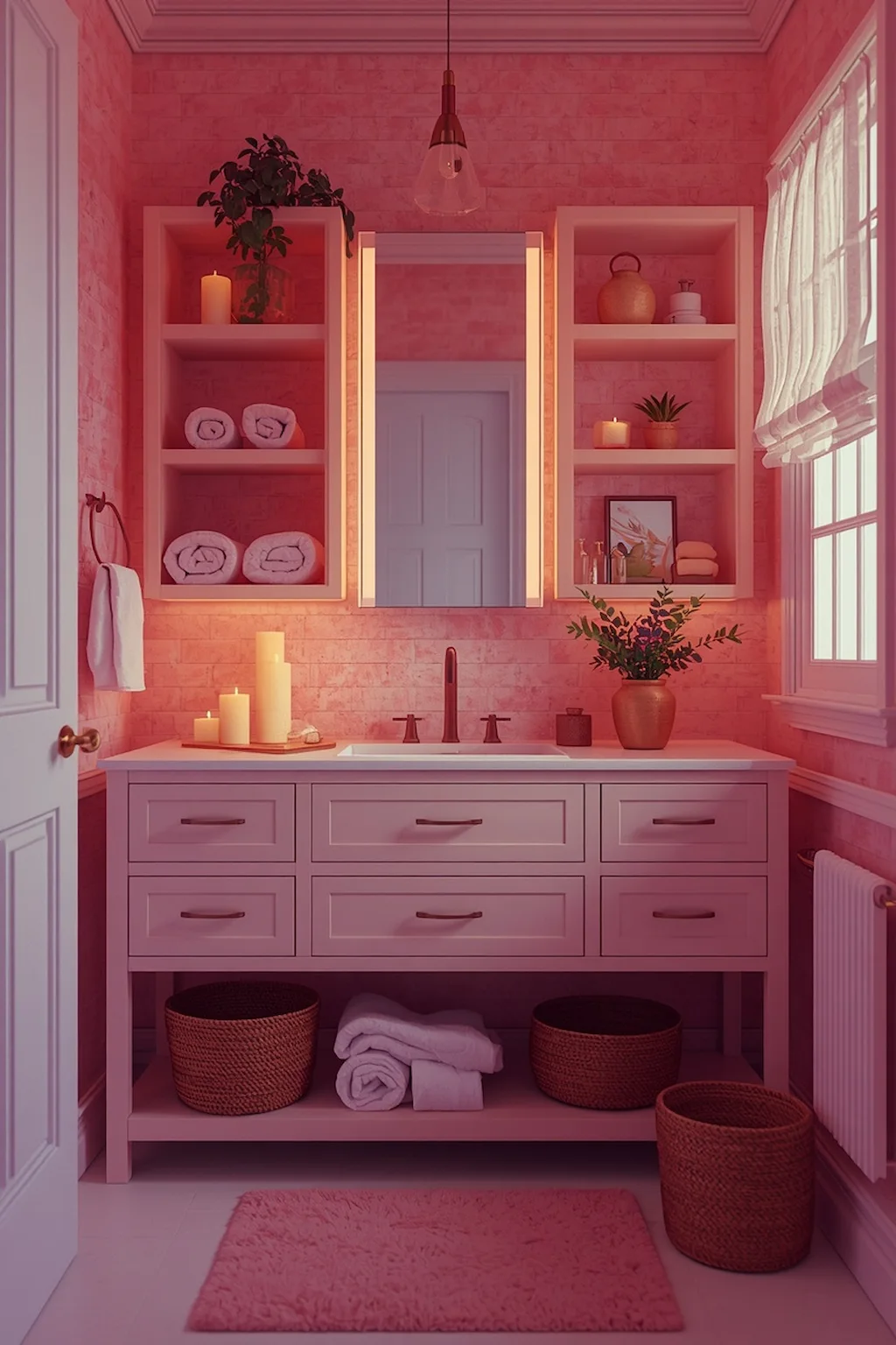 Modern bathroom cabinet combining closed storage with decorative open shelving