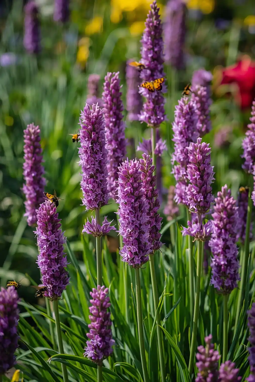 Blooming purple chive flowers attracting bees in a garden