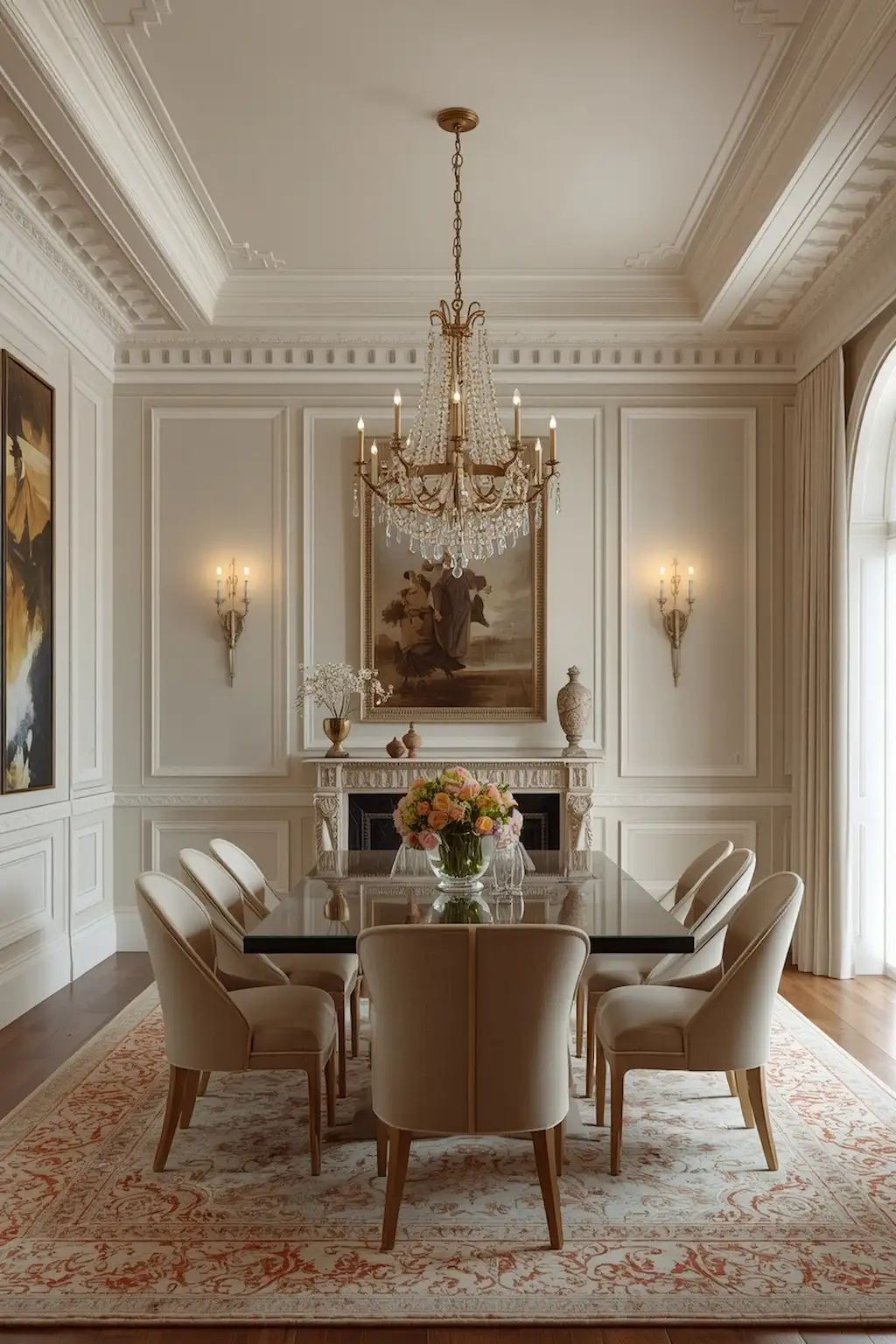 legant dining room enhanced with decorative wainscoting and statement lighting