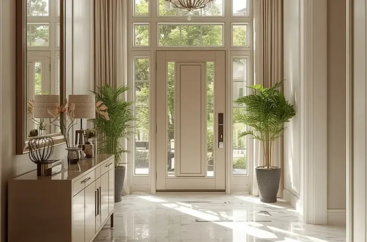Elegant foyer with stylish console table, statement mirror, modern lighting, and welcoming decor