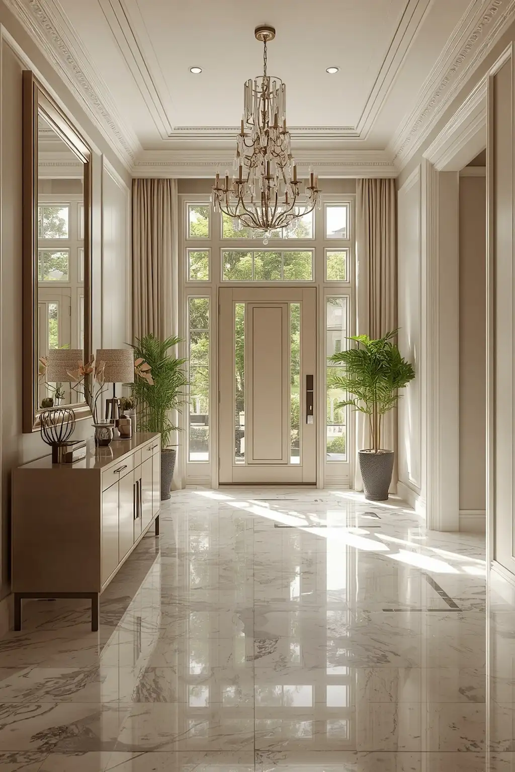 Elegant foyer with stylish console table, statement mirror, modern lighting, and welcoming decor