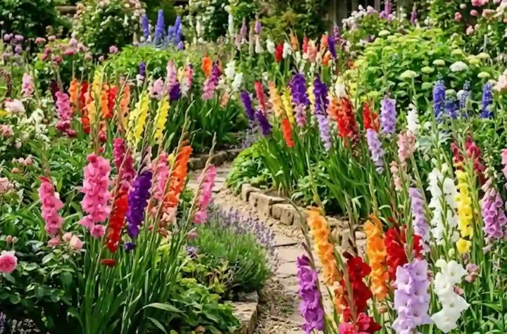 Vibrant gladiolus flower garden filled with colorful blooms in a beautifully landscaped backyard