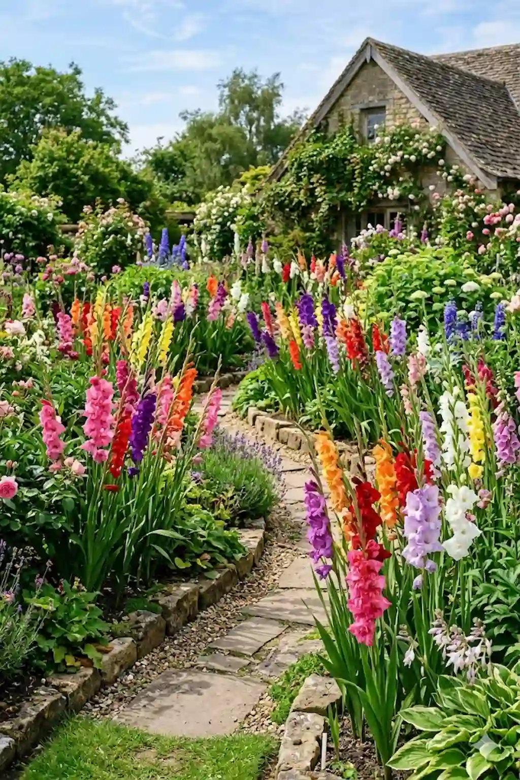 Vibrant gladiolus flower garden filled with colorful blooms in a beautifully landscaped backyard