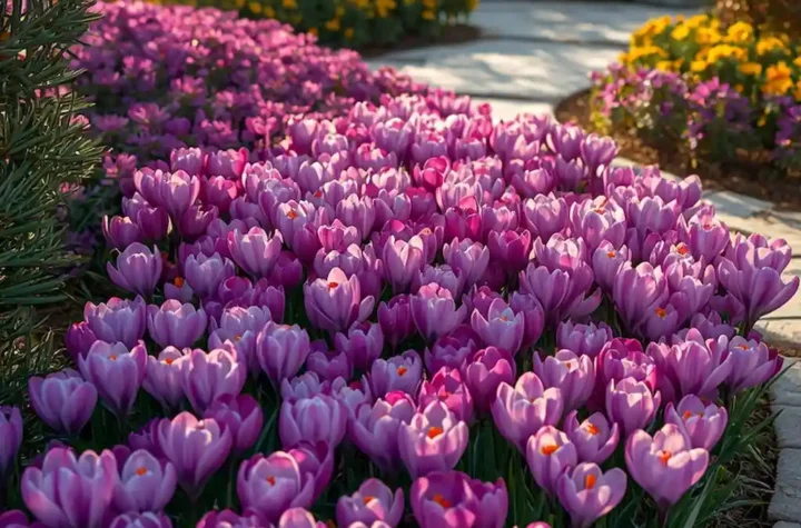 Beautiful backyard saffron garden with vibrant purple crocus flowers and colorful landscaping