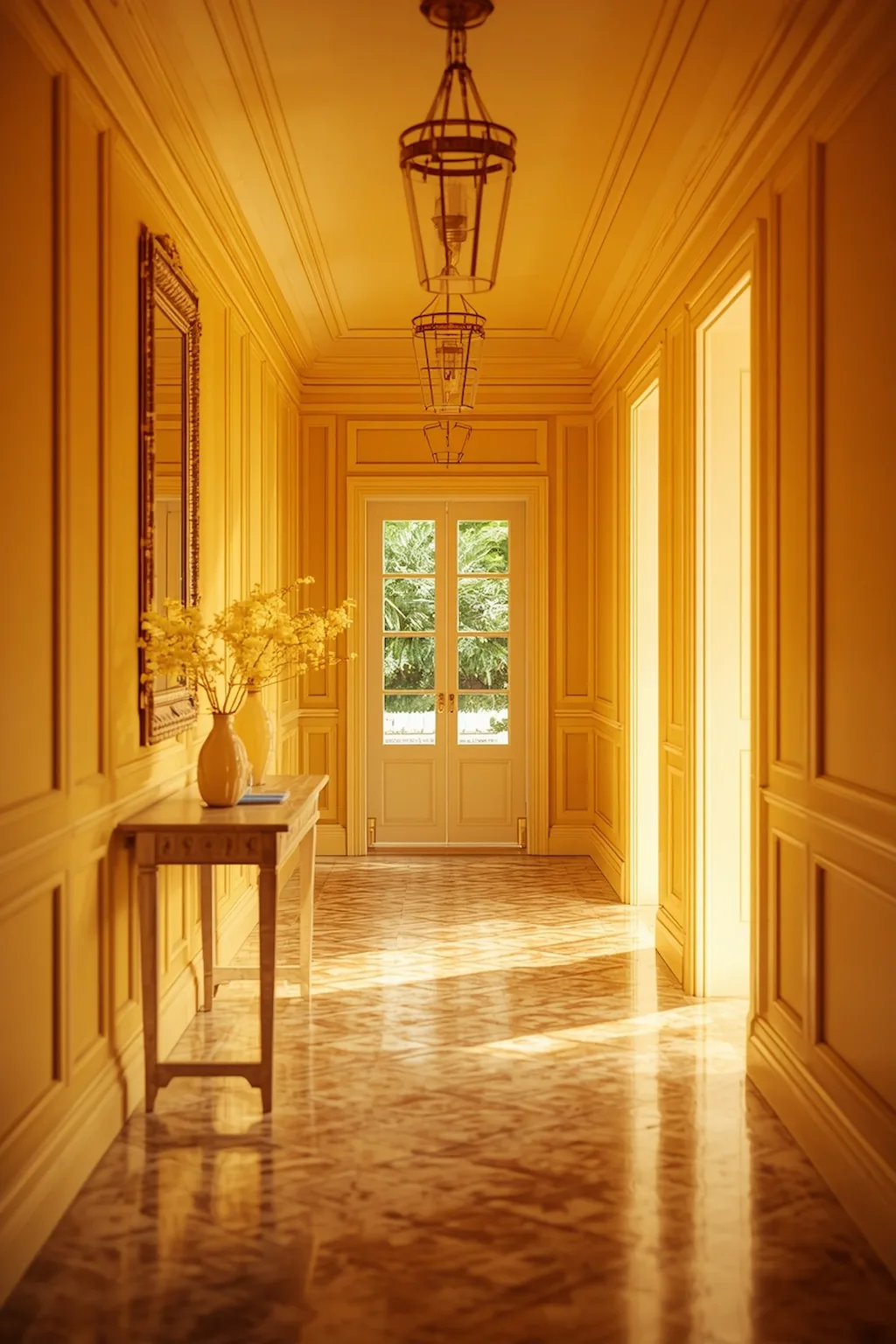 Stylish yellow hallway featuring bright walls, elegant lighting, decorative mirrors, and welcoming entryway design