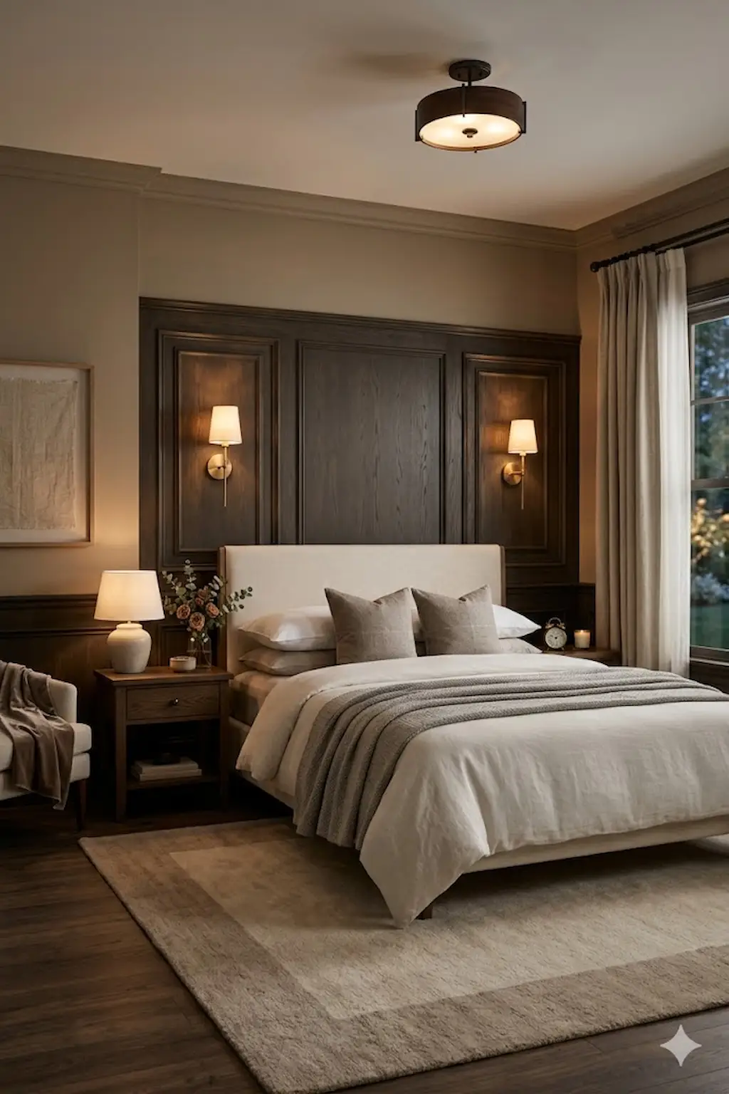 Luxury bedroom with wainscoting accent wall behind the bed