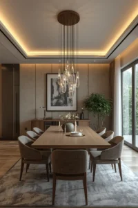Elegant dining room with a beautiful chandelier above a wooden dining table creating a warm and cozy atmosphere