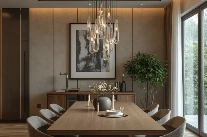Elegant dining room with a beautiful chandelier above a wooden dining table creating a warm and cozy atmosphere