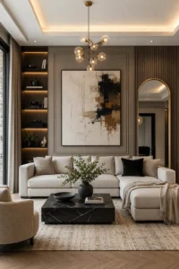 Beautiful living room featuring stylish wall decor, artwork, shelving, mirrors, and modern interior design elements
