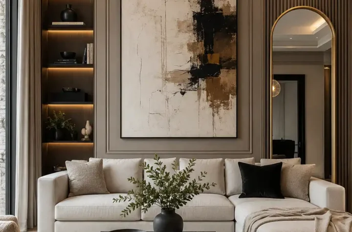 Beautiful living room featuring stylish wall decor, artwork, shelving, mirrors, and modern interior design elements