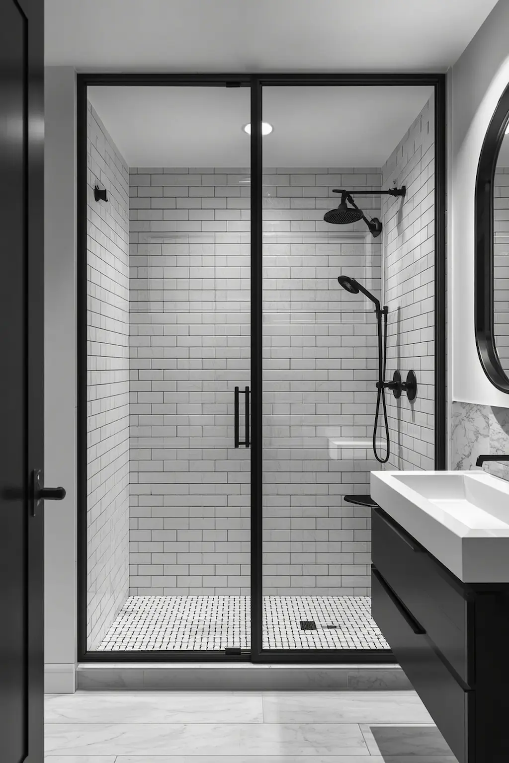 Modern walk-in shower with black-framed glass enclosure and industrial style