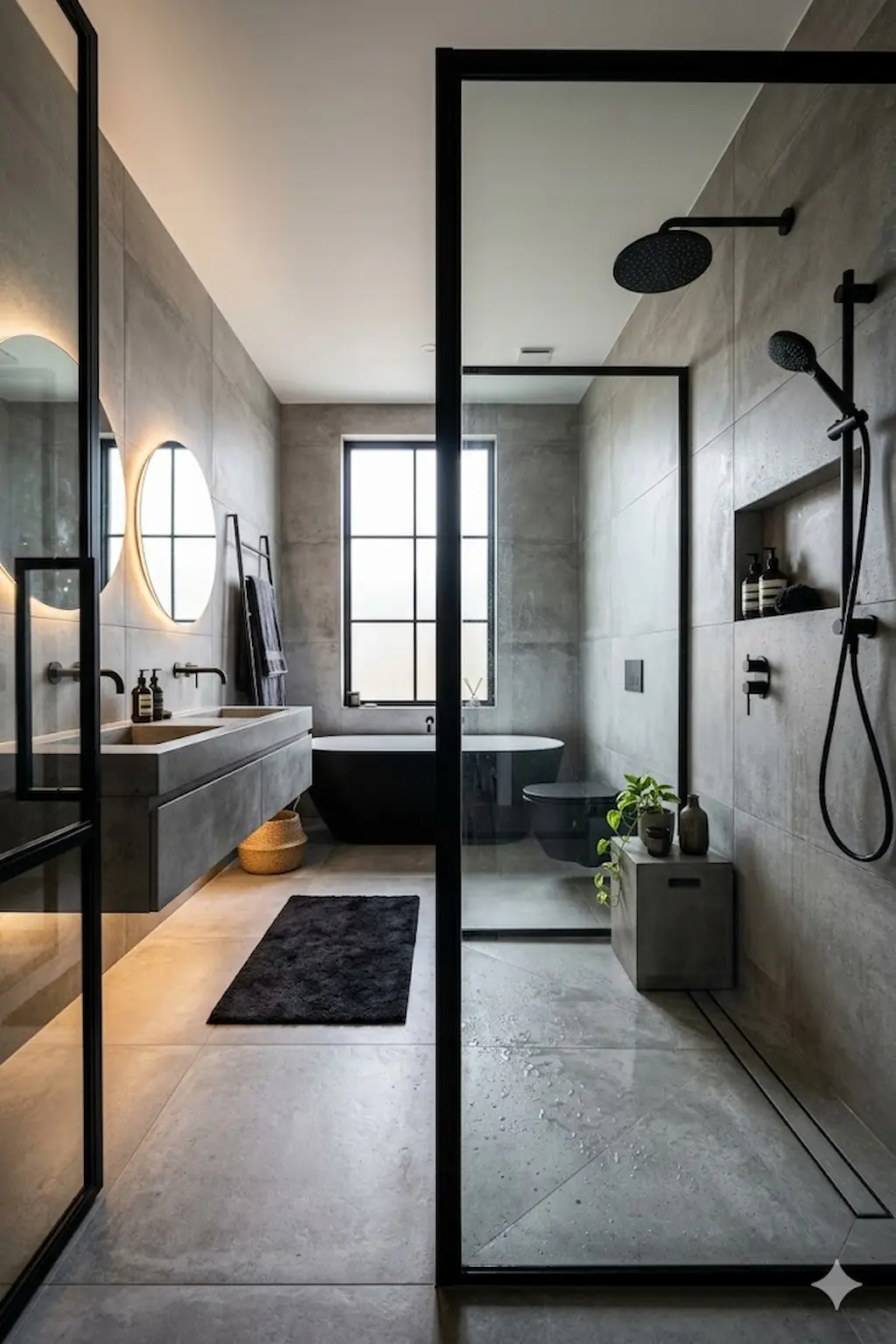 Contemporary bathroom with black-framed glass curbless shower