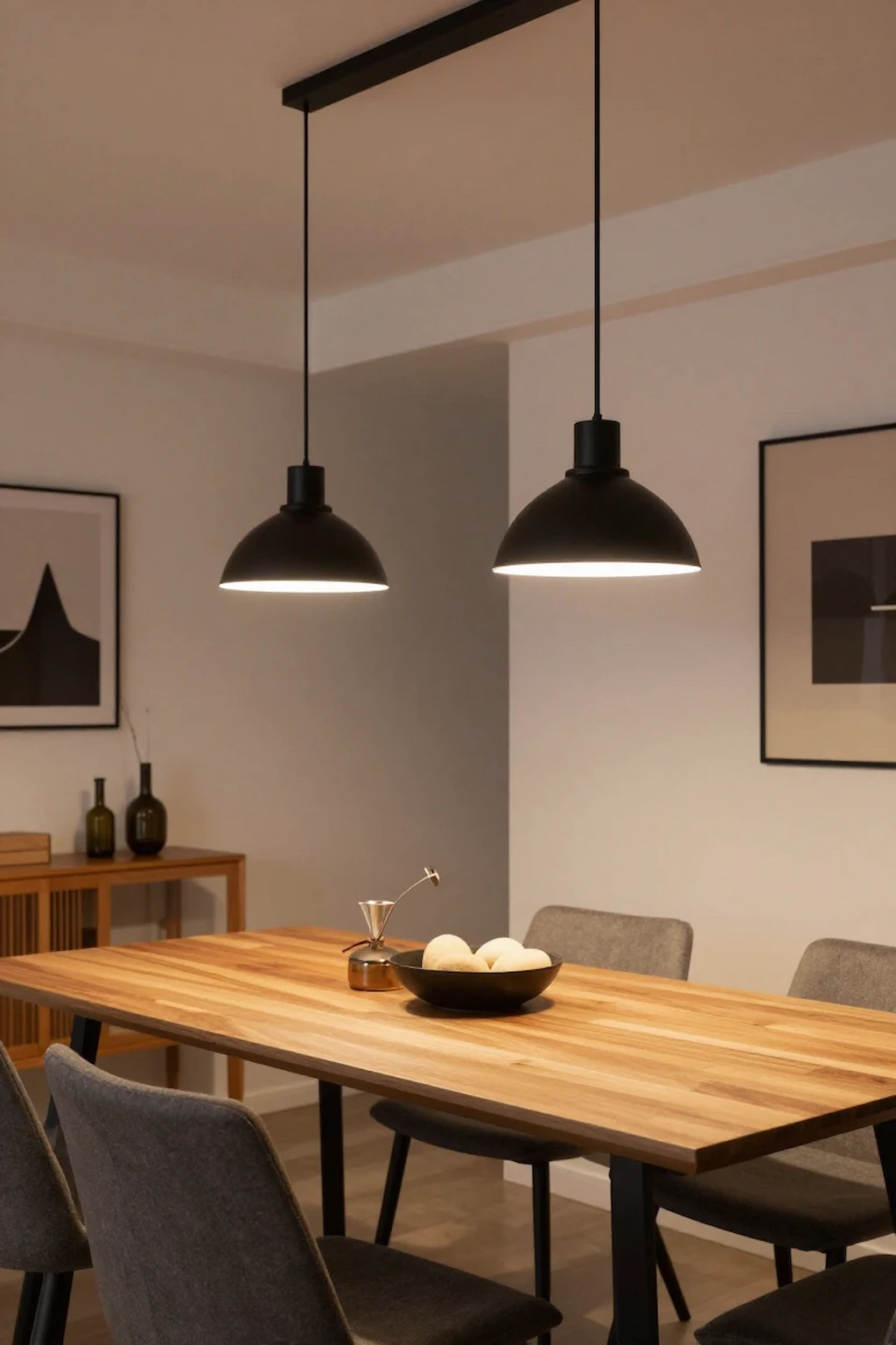 Modern dining room with black metal pendant lights and warm wood furniture