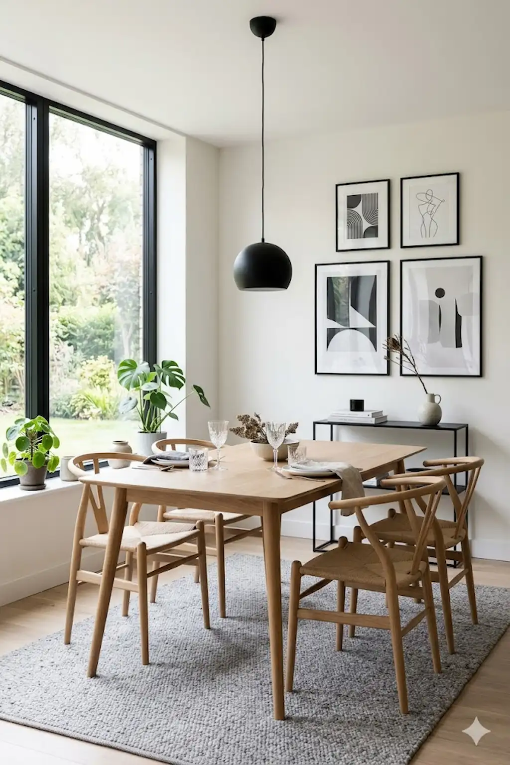 Minimalist dining area decorated with black and white framed artwork