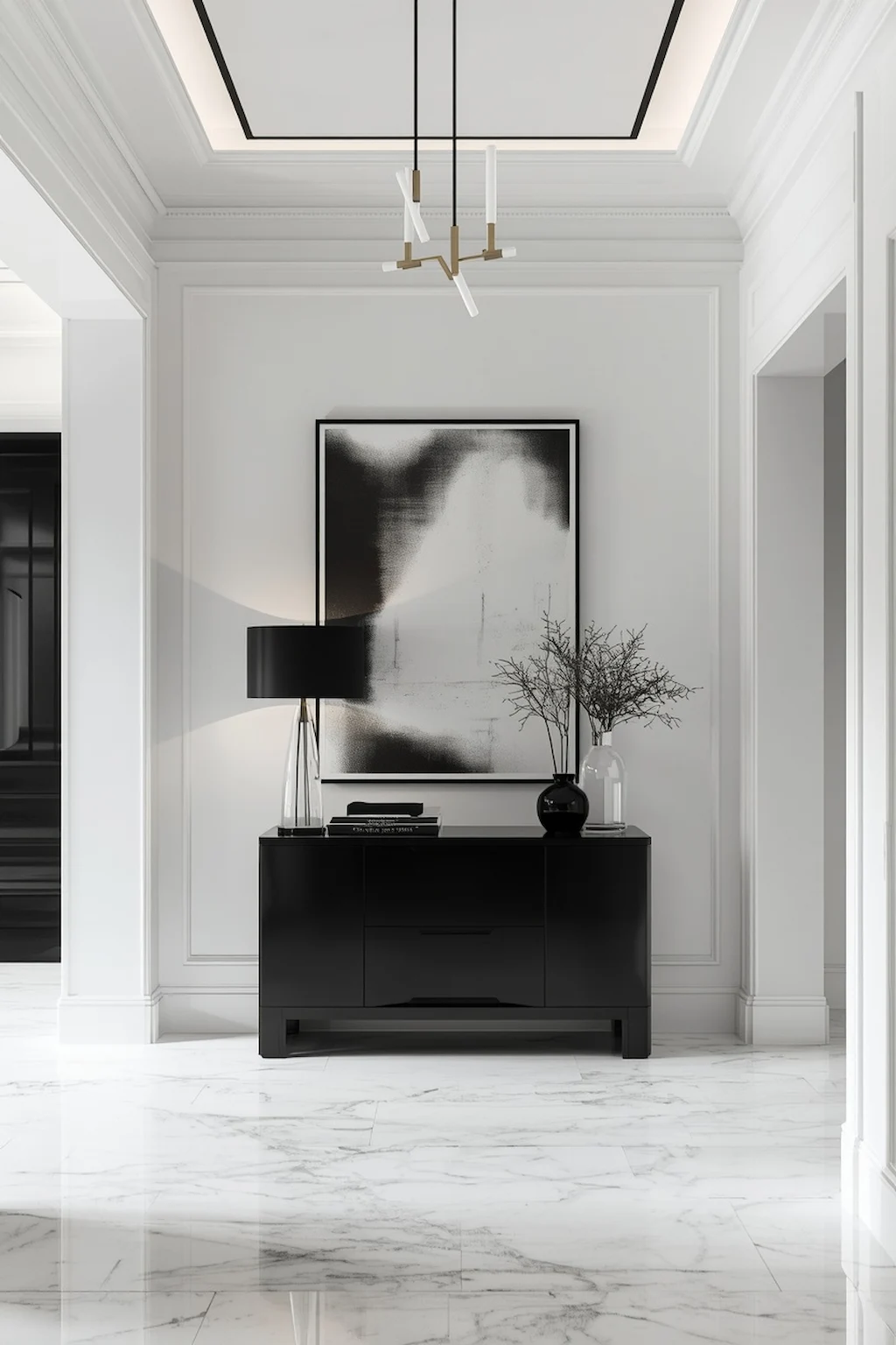Modern black and white foyer with sleek furniture and bold contrast