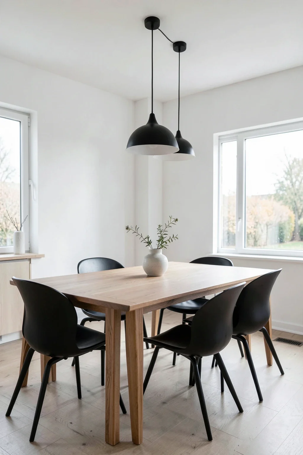 Modern Scandinavian dining room featuring black accents and white walls