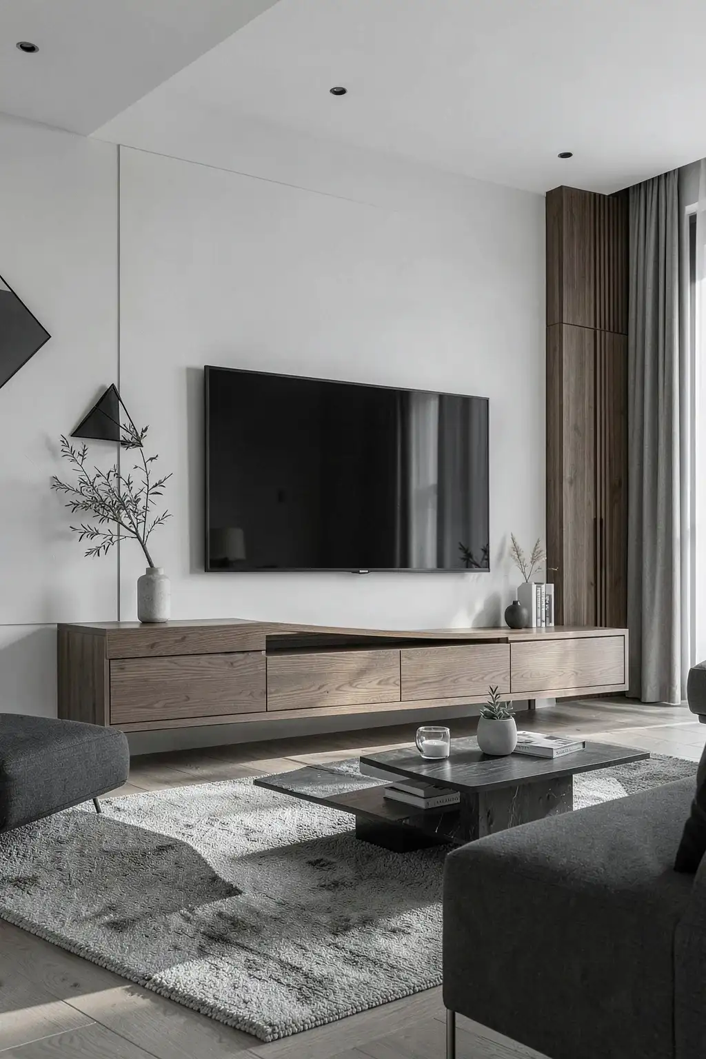 Contemporary TV room with black and white decor and modern furniture