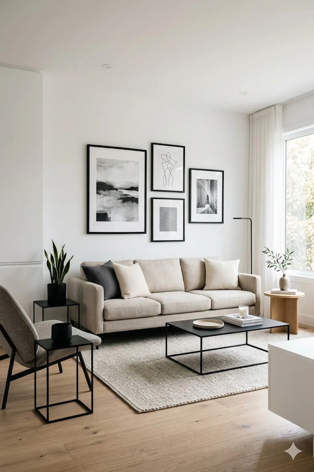 Minimalist living room featuring black and white artwork arranged above a sofa