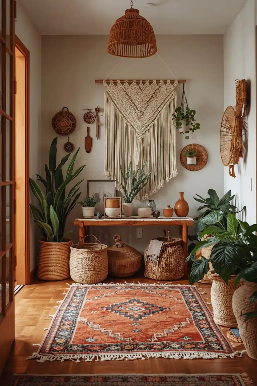 Bohemian entryway with macrame decor, plants, and layered textures.