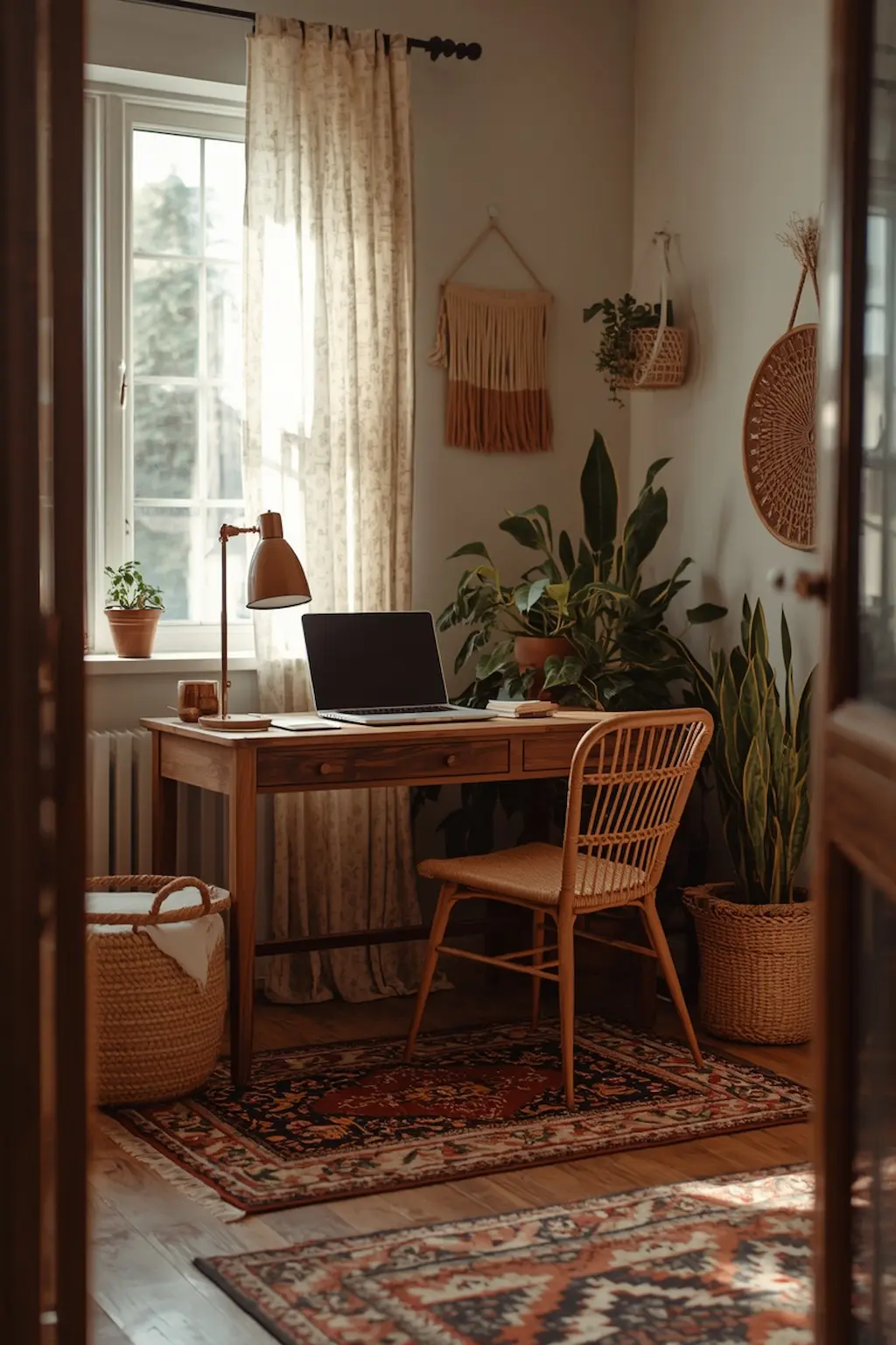 Boho study corner with plants, woven decor, and warm tones