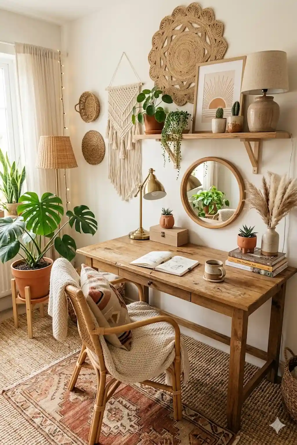 Bohemian study nook with woven decor, plants, and warm earthy tones