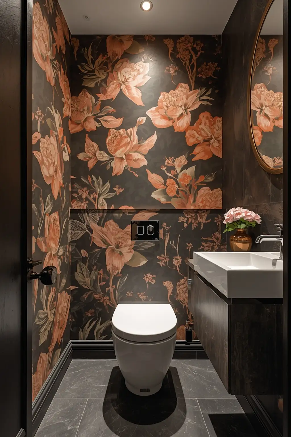 Compact bathroom featuring dramatic wallpaper accent wall and modern fixtures
