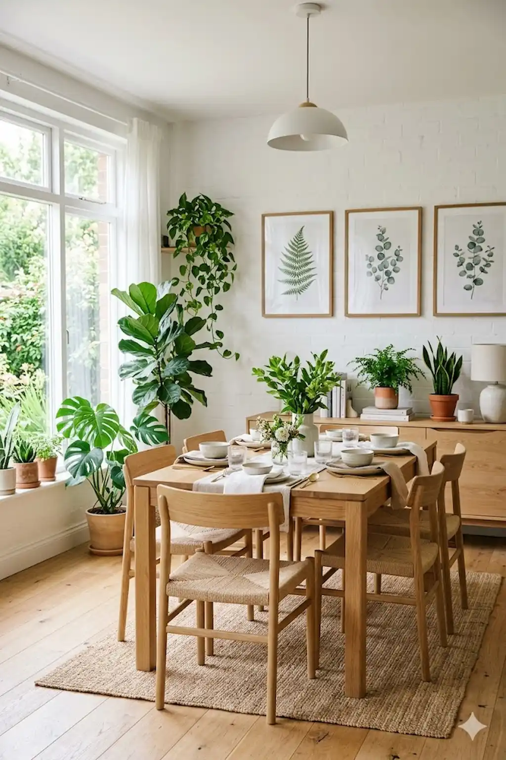 Dining room decorated with framed botanical artwork and indoor plants