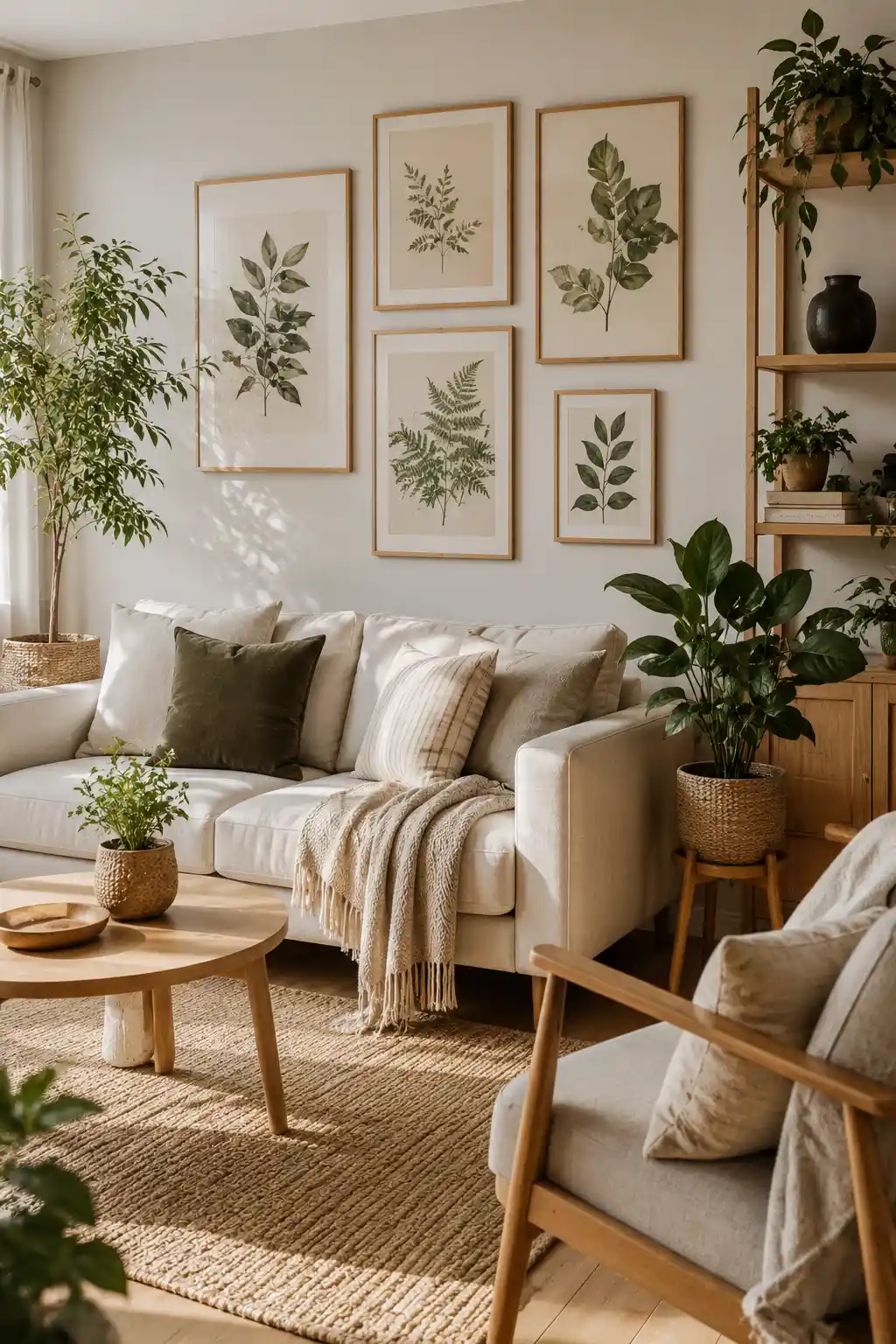 Living room featuring a collection of framed botanical prints and natural decor