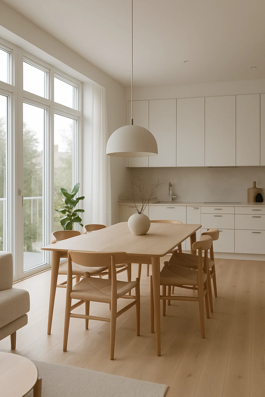 Open-concept Scandinavian dining area with natural light and minimalist decor