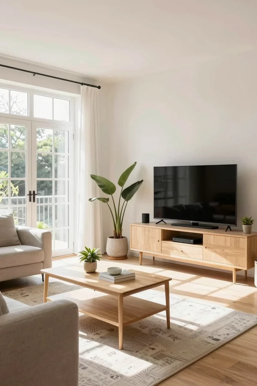Light-filled TV room featuring white walls and airy decor