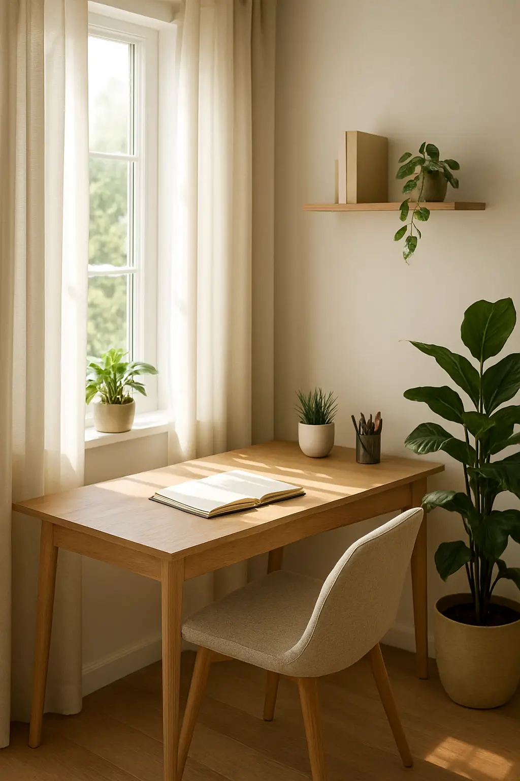 Cozy study nook positioned beside a large window with natural light